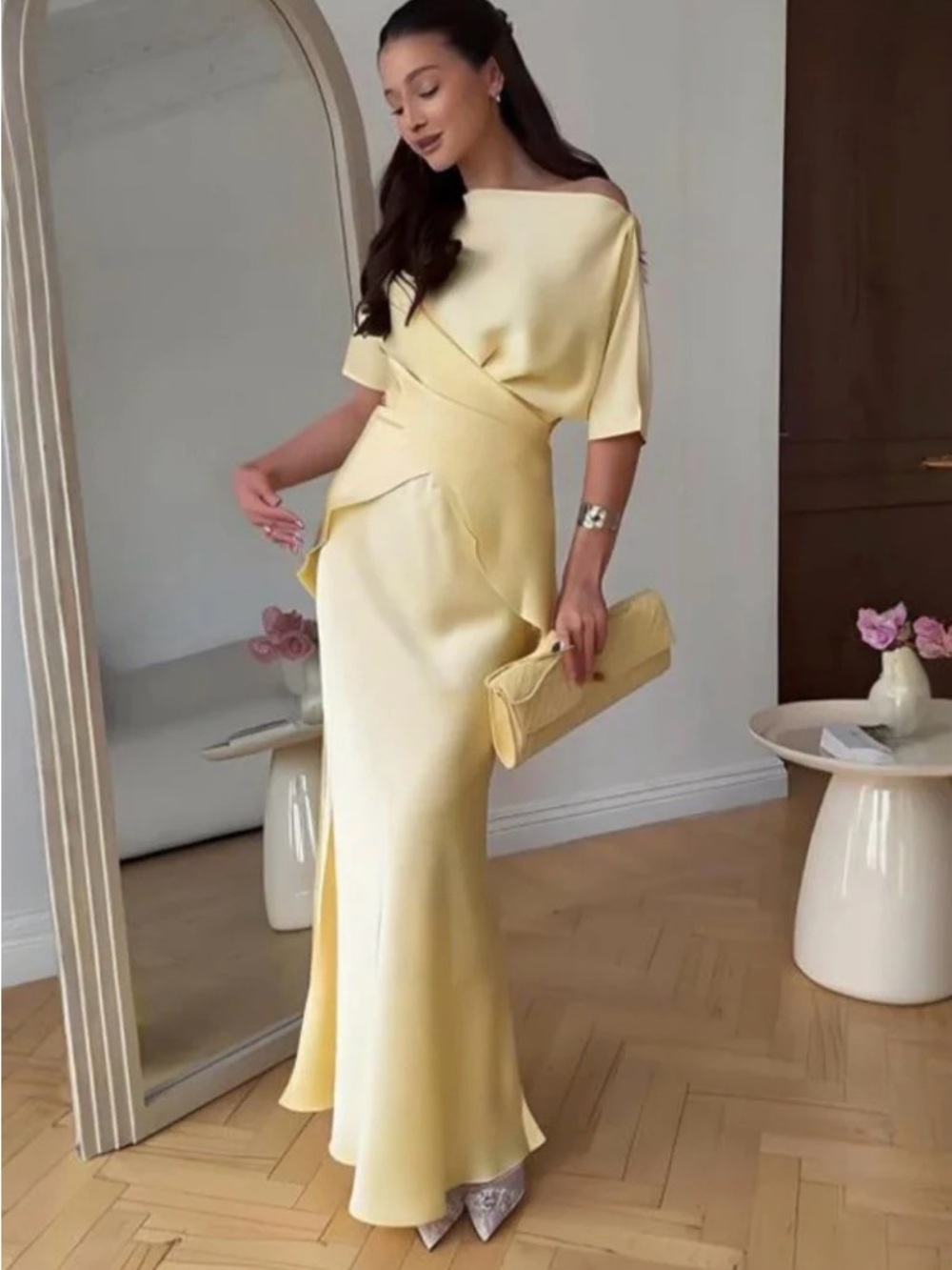 Elegant Pale Yellow Asymmetric Satin Evening Dress